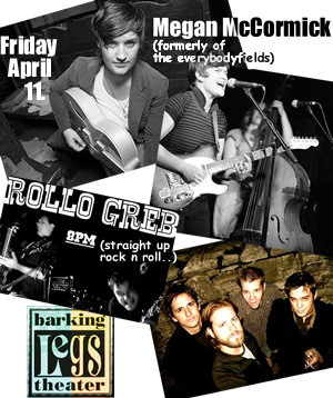 Megan McCormick, formerly of the everybodyfields & Rollo Greb play Friday April 11th at Barking Legs Theater in Chattanooga, TN